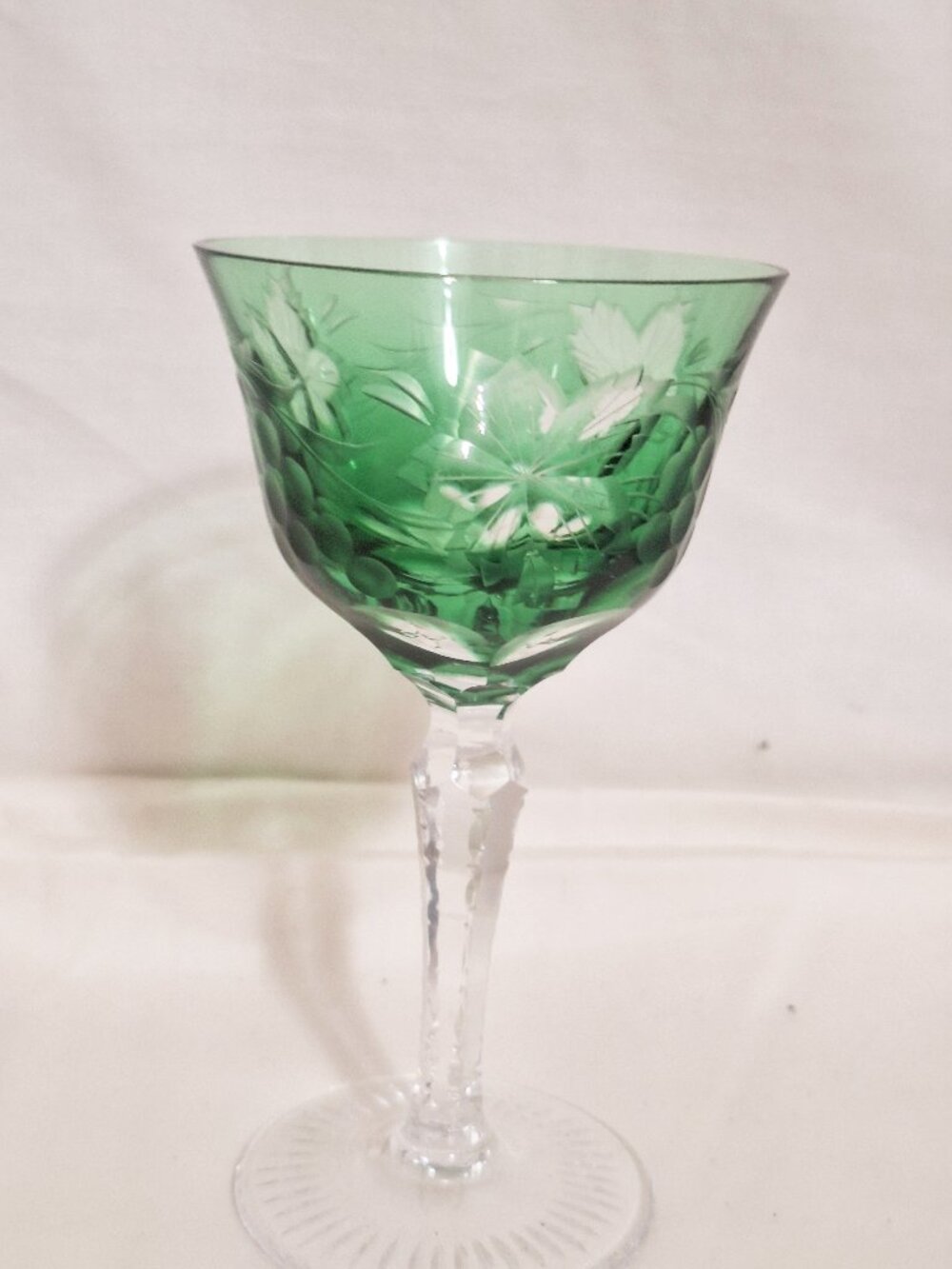 Bohemian Crystal Cut to Clear Emerald Green Wine Glass Grape Vine